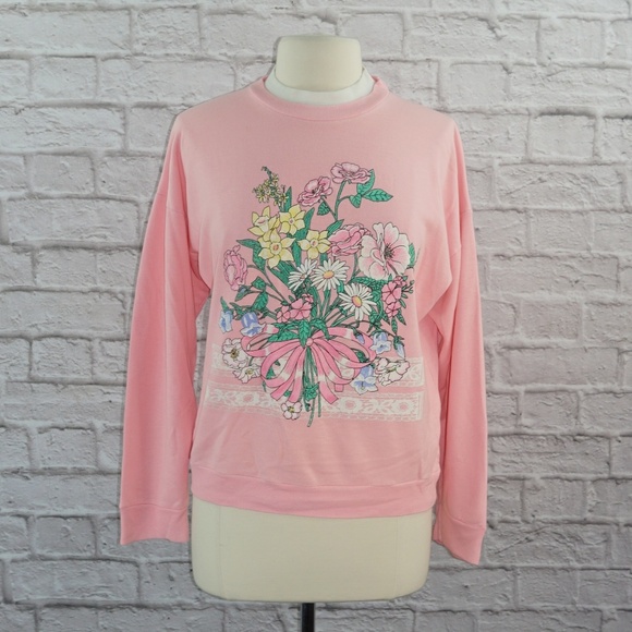 Vintage 80s Pink Floral Cottagecore Sweatshirt Large - Picture 1 of 5